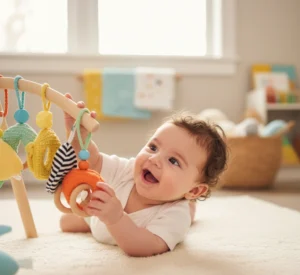 Bé sơ sinh tương tác với đồ chơi phát triển thính giác và xúc giác